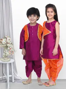 BownBee Boys Purple & Orange Layered Bandhani Kurta with Dhoti Pants