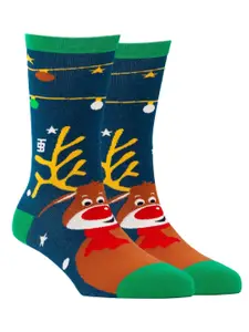 SockSoho Men Navy & Brown Reindeer Patterned Above Ankle-Length Socks