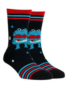 SockSoho Men Black & Blue Striped & Frog Patterned Above Ankle-Length Socks