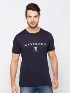 GIORDANO Men Navy Blue Printed Round Neck T-shirt