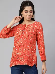 Global Desi Women Coral Orange & White Printed Top