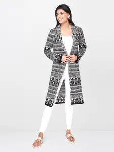 Global Desi Women White Self Design Front-Open Longline Fusion Sweater