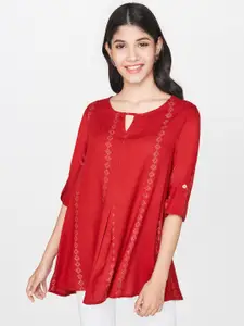 Global Desi Women Red & Golden Printed Top with Gathers