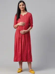 anayna Red & Off-White Ethnic Motifs Printed Maternity A-Line Dress