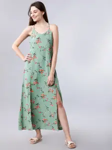 Tokyo Talkies Green Floral Halter Neck Georgette Maxi Dress
