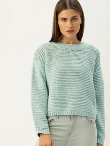 FOREVER 21 Women Blue Self Design Pullover Sweater