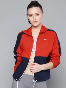 Reebok Women Red & Navy Linear Logo FT Full Zip Colourblocked Hooded Training Sweatshirt