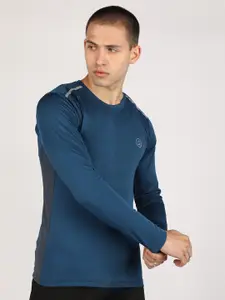 Chkokko Men Teal Blue Solid Dri-FIT Round Neck Gym T-shirt