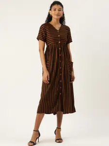 Cottinfab Women Brown & Black Striped A-Line Dress