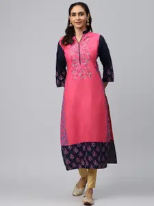 Akshatani Women Pink & Navy Blue Hand Block Print Straight Kurta