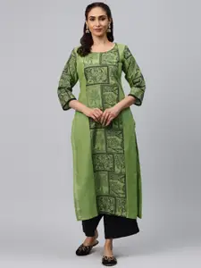 Akshatani Women Green & Black Hand Block Print Straight Kurta