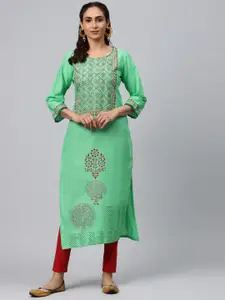 Akshatani Women Green & Maroon Hand Block Print Straight Kurta