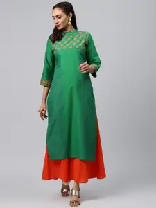 Akshatani Women Green & Orange Hand Block Print Straight Kurta