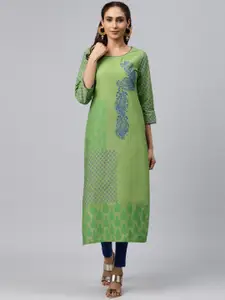 Akshatani Women Green & Blue Hand Block Print Straight Kurta