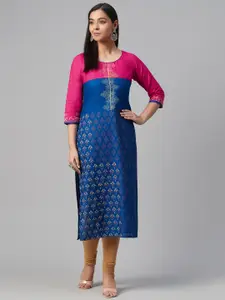 Akshatani Women Blue & Pink Ethnic Motif Hand Block Print Straight Kurta