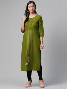 Akshatani Women Olive Green & Black Floral Hand Block Print Straight Kurta