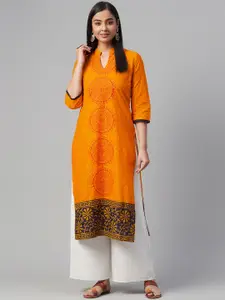 Akshatani Women Orange & Maroon Ethnic Motif Hand Block Print Straight Kurta