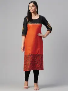 Akshatani Women Orange & Black Ethnic Motif Hand Block Print Straight Kurta