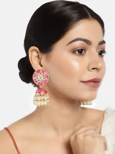 LAIDA Pink & Gold-Plated Enamelled Stone-Studded Dome Shaped Jhumkas