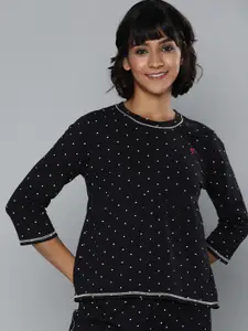 Chemistry Women Black & White Polka Dot Printed Lounge T-Shirt With Pleated Detailing