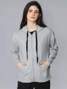 Flying Machine Women Grey Solid Hooded Sweatshirt