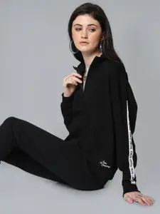 Flying Machine Women Black Solid Sweatshirt with Stripe Detailed Sleeve