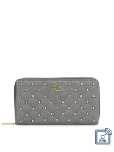 Eske Women Grey & Gold-Toned Checked Genuine Leather Zip Around Wallet