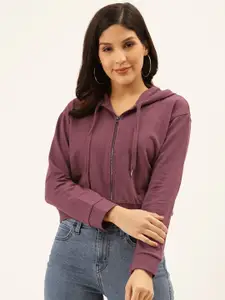 Style Quotient Style Quotient Women Purple Solid Hooded Crop Sweatshirt