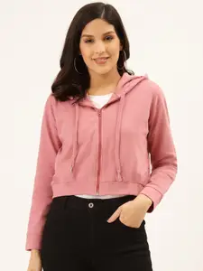 Style Quotient Women Pink Solid Hooded Crop Sweatshirt