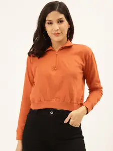 Style Quotient Women Orange Solid Crop Sweatshirt