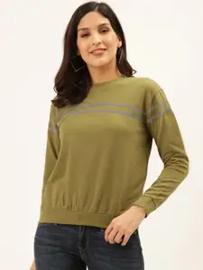 Style Quotient Style Quotient Women Olive Green & Grey Solid Pullover with Striped Detail