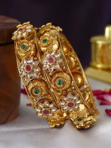 Adwitiya Collection Set of Two 24 Carat Gold-Plated Maroon & Green Artificial Stone Studded Handcrafted Bangles