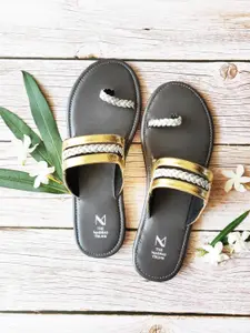 THE MADRAS TRUNK Women Gold-Toned Colourblocked Leather One Toe Flats