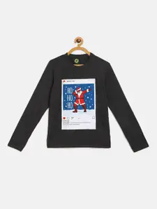 YK Boys Charcoal Grey & Red Santa Claus Print Round Neck T-shirt