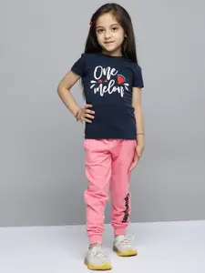 YK Girls Navy Blue Printed Pure Cotton Top