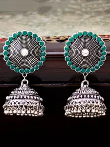 Sukkhi Silver-Plated & Green Dome Shaped Jhumkas