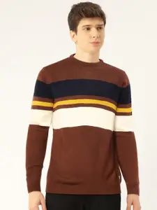 Flying Machine Men Brown & Off White Striped Pullover Sweater