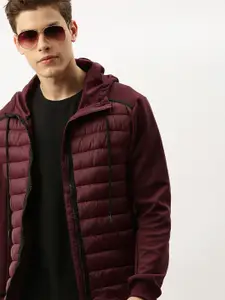 Flying Machine Men Burgundy Solid Hooded Padded Jacket