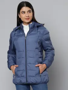 Fort Collins Women Navy Blue Solid Padded Jacket with Detachable Hood