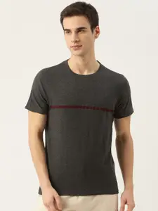 ether Men Charcoal Grey & Maroon Striped T-shirt