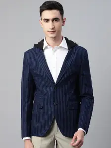 Blackberrys Men Navy Blue Slim Fit Striped Single-Breasted Formal Pure Cotton Blazer With Hood