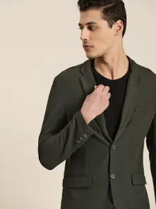INVICTUS Men Olive Green Self-Design Single-Breasted Smart Casual Blazer