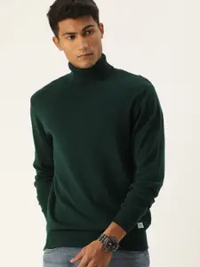 Flying Machine Men Teal Green Solid Turtle Neck Pullover Sweater