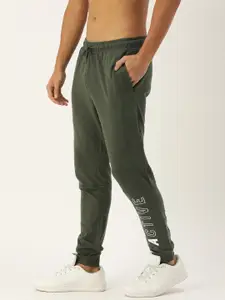Flying Machine Men Olive Green Solid Joggers with Printed Detail