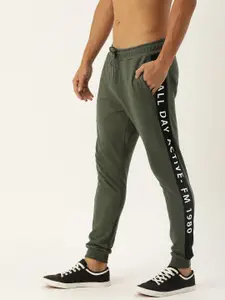 Flying Machine Men Olive Green Solid Straight-Fit Joggers with Side Stripe