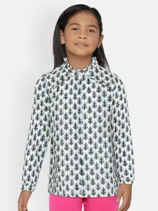 Global Desi Girls Off-White & Blue Printed Shirt Style Pure Cotton Top