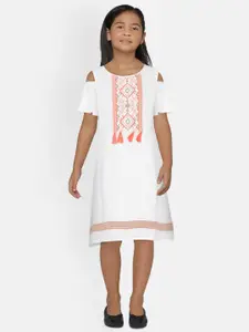Global Desi Girls White Embroidered A-Line Dress