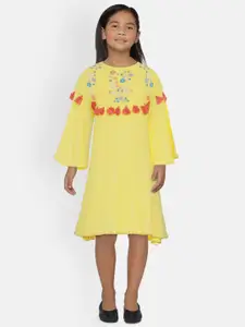 Global Desi Girls Yellow Embroidered A-Line Dress