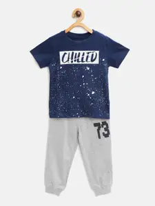Cherokee Boys Navy Blue & Grey Melange Pure Cotton Printed T-shirt with Joggers