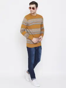 Crimsoune Club Men Mustard Striped Pullover Sweater
